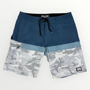Pelagic High Performance Board Shorts Cargo Pocket Blue Camo Stretch Swim Trunks